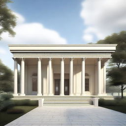 Generate a 100ftx200ft modern hall exterior, featuring a curved roof, portico, and the aesthetic of a Roman temple, all designed with contemporary materials