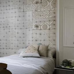 A cozy 6x4 bedroom featuring intricate ceramic wall designs to accentuate the room's homely charm.