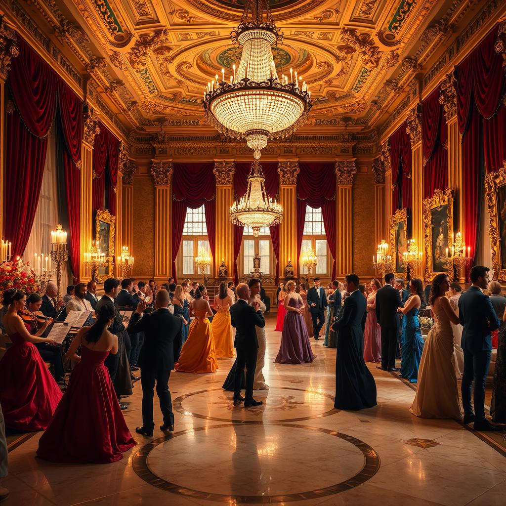 A grand ball taking place inside a magnificent king's castle, with opulent chandeliers hanging from the ornate ceiling, lavish decorations adorning the walls, and a polished marble floor reflecting the warm glow of candlelight