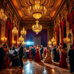 A grand ball taking place inside a magnificent king's castle, with opulent chandeliers hanging from the ornate ceiling, lavish decorations adorning the walls, and a polished marble floor reflecting the warm glow of candlelight
