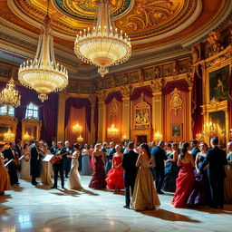 A grand ball taking place inside a magnificent king's castle, with opulent chandeliers hanging from the ornate ceiling, lavish decorations adorning the walls, and a polished marble floor reflecting the warm glow of candlelight