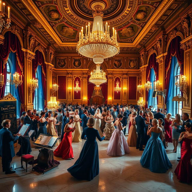 A grand ball taking place inside a magnificent king's castle, with opulent chandeliers hanging from the ornate ceiling, lavish decorations adorning the walls, and a polished marble floor reflecting the warm glow of candlelight