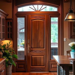 A beautiful kitchen door that is both stylish and functional, featuring a wooden frame with intricate carvings