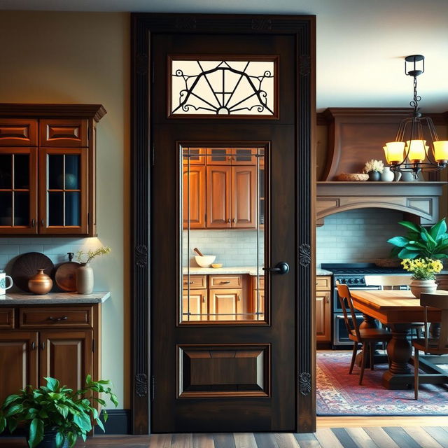 A beautiful kitchen door that is both stylish and functional, featuring a wooden frame with intricate carvings