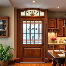 A beautiful kitchen door that is both stylish and functional, featuring a wooden frame with intricate carvings