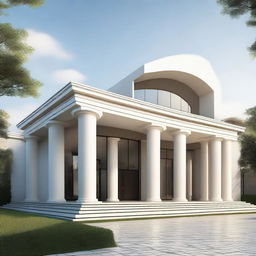 Generate a 100ftx200ft modern hall exterior, featuring a curved roof, portico, and the aesthetic of a Roman temple, all designed with contemporary materials