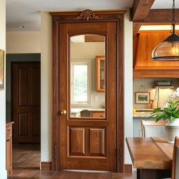 A beautiful kitchen door that is both stylish and functional, featuring a wooden frame with intricate carvings