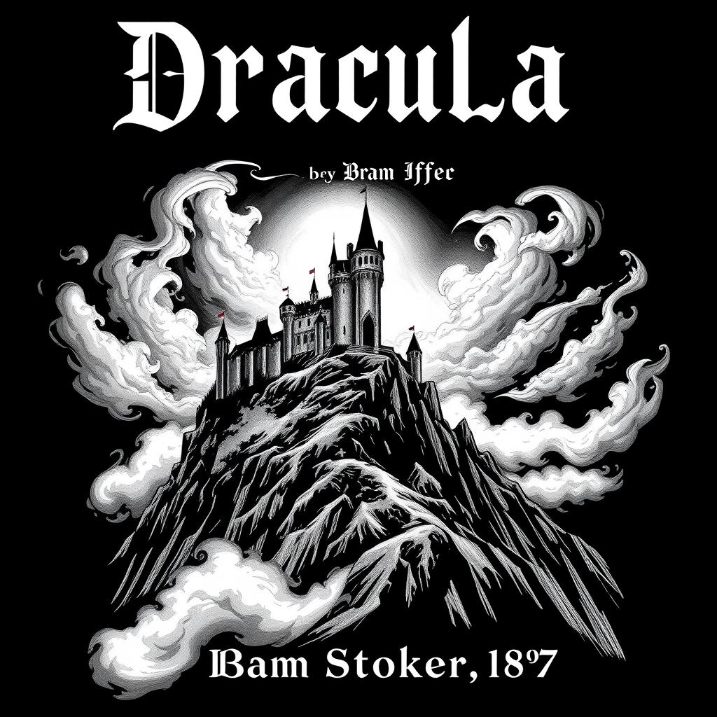 A striking black and white book cover design for 'Dracula' by Bram Stoker, 1897