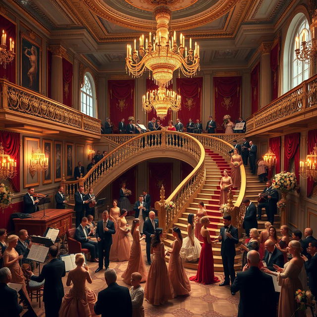 The interior of a two-story king's castle, beautifully decorated for a grand ball