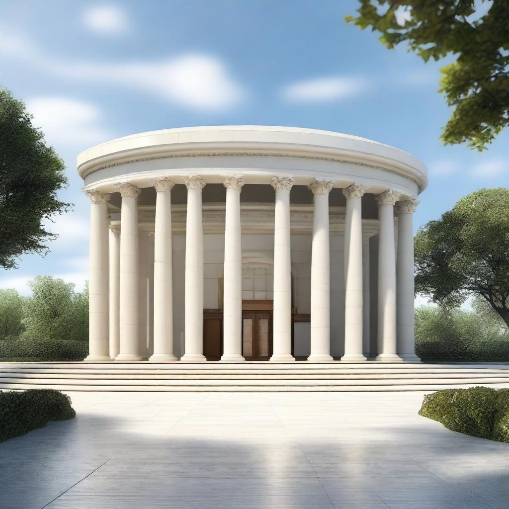 Generate a 100ftx200ft modern hall exterior, featuring a curved roof, portico, and the aesthetic of a Roman temple, all designed with contemporary materials