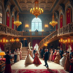 The interior of a two-story king's castle, beautifully decorated for a grand ball