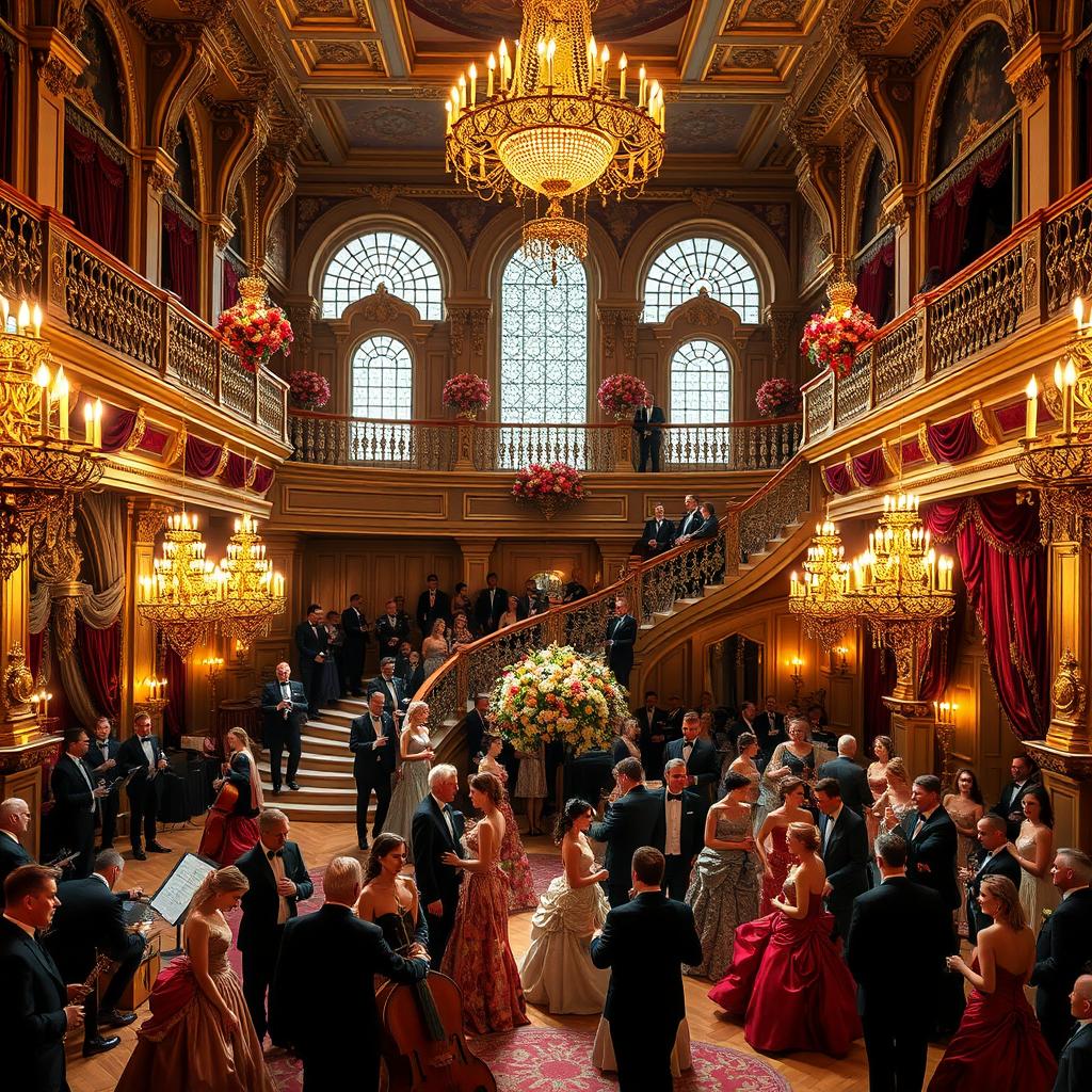 The interior of a two-story king's castle, beautifully decorated for a grand ball