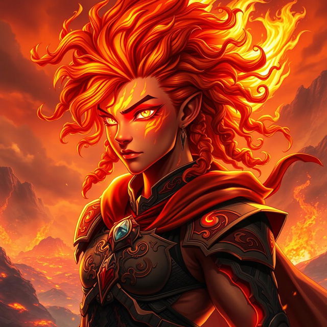 A powerful Fire Genasi character with a striking appearance, featuring a fiery red right eye and a brilliant white left eye