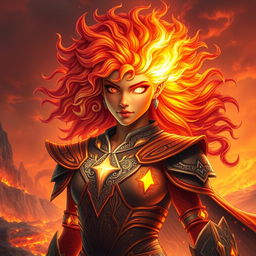 A powerful Fire Genasi character with a striking appearance, featuring a fiery red right eye and a brilliant white left eye