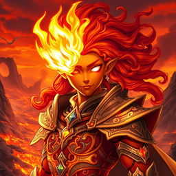 A powerful Fire Genasi character with a striking appearance, featuring a fiery red right eye and a brilliant white left eye