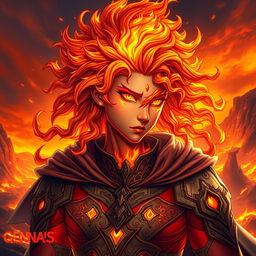 A powerful Fire Genasi character with a striking appearance, featuring a fiery red right eye and a brilliant white left eye
