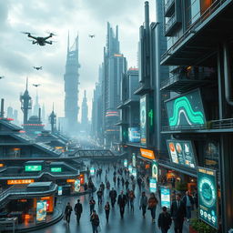 A sprawling futuristic industrial area filled with towering, sleek skyscrapers made of glass and steel, interconnected with vibrant, illuminated walkways