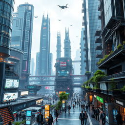 A sprawling futuristic industrial area filled with towering, sleek skyscrapers made of glass and steel, interconnected with vibrant, illuminated walkways