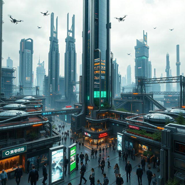 A sprawling futuristic industrial area filled with towering, sleek skyscrapers made of glass and steel, interconnected with vibrant, illuminated walkways