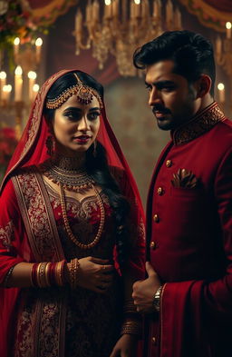 A dark romance scene depicting an Indian forced marriage, featuring a bride in a traditional red lehenga adorned with intricate gold embroidery, with tears in her eyes but a determined expression