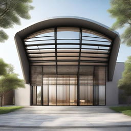 Generate the exterior design of a 100ftx200ft modern hall, incorporating a curved metal roof and Chinese architectural elements