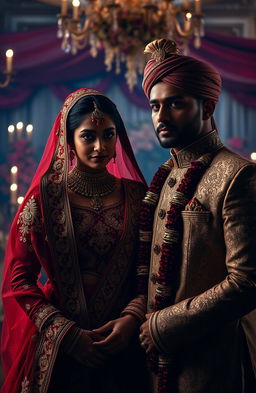 A dark romance scene depicting an Indian forced marriage, featuring a bride in a traditional red lehenga adorned with intricate gold embroidery, with tears in her eyes but a determined expression