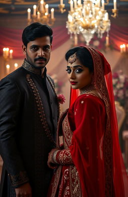 A dark romance scene depicting an Indian forced marriage, featuring a bride in a traditional red lehenga adorned with intricate gold embroidery, with tears in her eyes but a determined expression