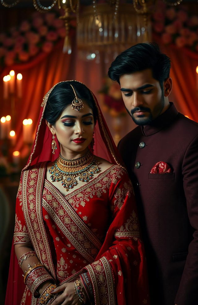 A dark romance scene depicting an Indian forced marriage, featuring a bride in a traditional red lehenga adorned with intricate gold embroidery, with tears in her eyes but a determined expression