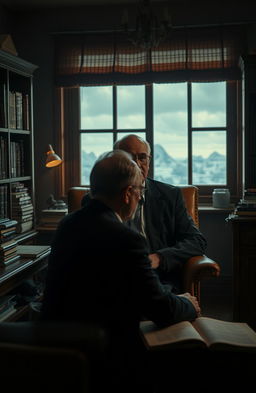 An enigmatic scene featuring a psychological doctor in a dimly lit office, filled with books and intriguing psychological tools