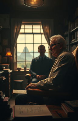 An enigmatic scene featuring a psychological doctor in a dimly lit office, filled with books and intriguing psychological tools