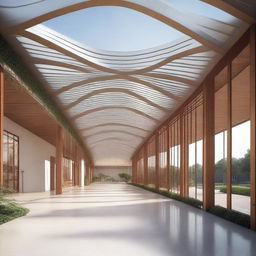 Generate the exterior design of a 100ftx200ft modern hall, incorporating a curved metal roof and Chinese architectural elements