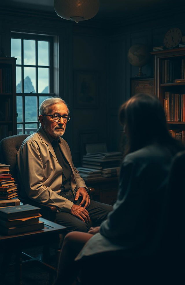 An enigmatic scene featuring a psychological doctor in a dimly lit office, filled with books and intriguing psychological tools