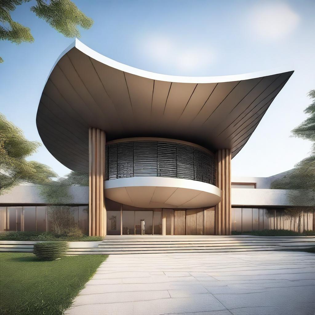 Generate the exterior design of a 100ftx200ft modern hall, incorporating a curved metal roof and Chinese architectural elements