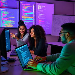 An engaging and dynamic live coding scene showcasing a diverse group of programmers enthusiastically coding in JavaScript