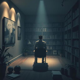 A mysterious and thought-provoking scene depicting a psychological doctor in a clinical therapy room, with an emphasis on atmospheric details