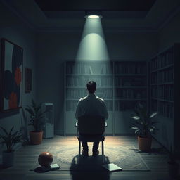 A mysterious and thought-provoking scene depicting a psychological doctor in a clinical therapy room, with an emphasis on atmospheric details