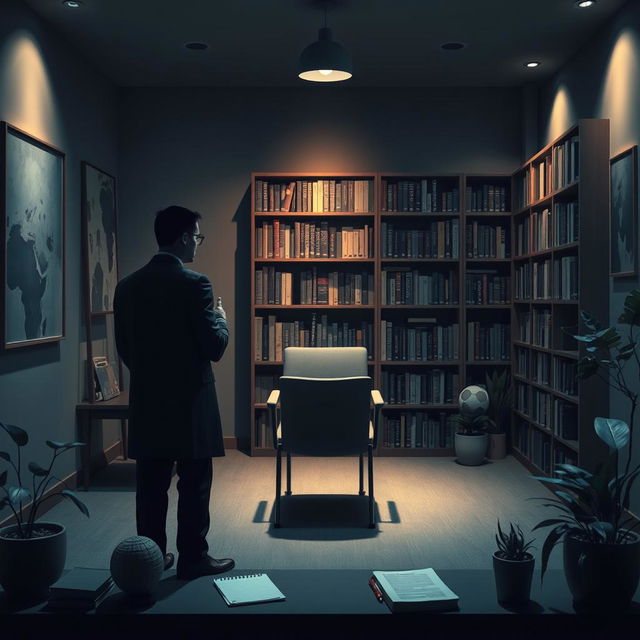 A mysterious and thought-provoking scene depicting a psychological doctor in a clinical therapy room, with an emphasis on atmospheric details