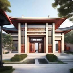 Construct image of a 100ftx200ft modern hall exterior, having an arc-style rooftop with modern Chinese architectural influences