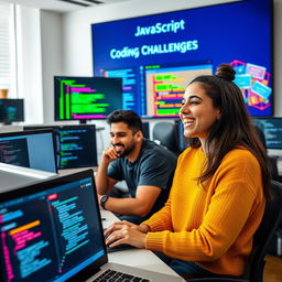 An engaging live coding session focused on JavaScript, featuring a diverse group of programmers passionately working on practical exercises