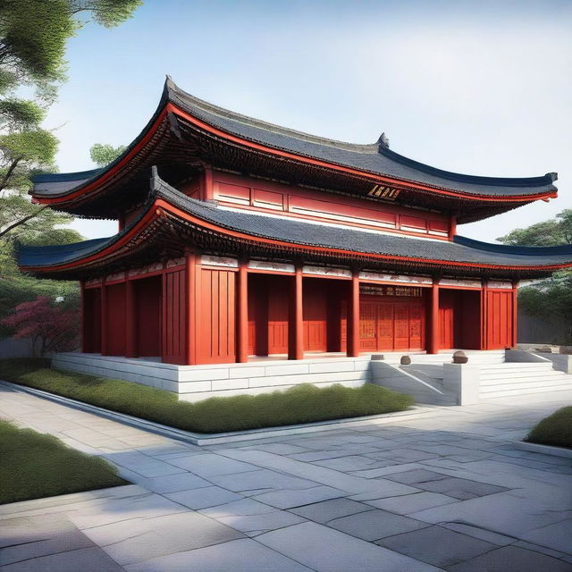 Construct image of a 100ftx200ft modern hall exterior, having an arc-style rooftop with modern Chinese architectural influences