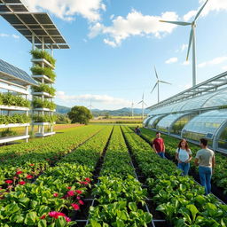 A vibrant and futuristic sustainable agricultural area featuring vertical farms, solar panels, and wind turbines