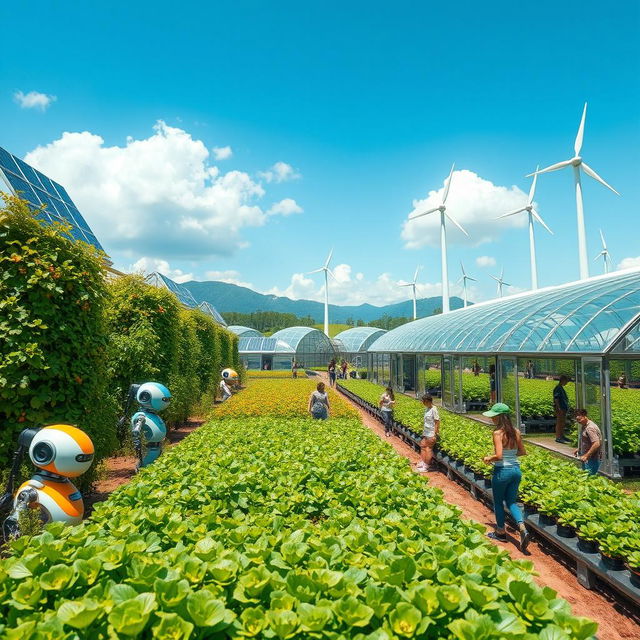 A vibrant and futuristic sustainable agricultural area featuring vertical farms, solar panels, and wind turbines