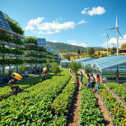 A vibrant and futuristic sustainable agricultural area featuring vertical farms, solar panels, and wind turbines