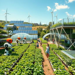 A vibrant and futuristic sustainable agricultural area featuring vertical farms, solar panels, and wind turbines