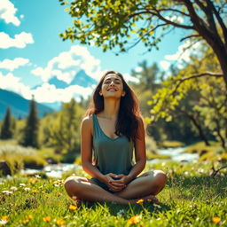 A serene and introspective scene of a woman deep in self-discovery, surrounded by a beautiful natural setting