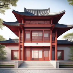 Construct image of a 100ftx200ft modern hall exterior, having an arc-style rooftop with modern Chinese architectural influences