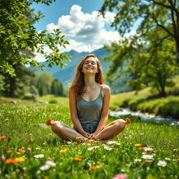 A serene and introspective scene of a woman deep in self-discovery, surrounded by a beautiful natural setting