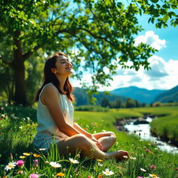 A serene and introspective scene of a woman deep in self-discovery, surrounded by a beautiful natural setting