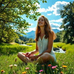 A serene and introspective scene of a woman deep in self-discovery, surrounded by a beautiful natural setting