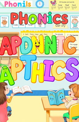 A colorful and engaging illustration of phonics for children, depicting animated letters of the alphabet with smiling faces, each letter in vibrant colors